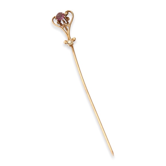 Antique 14K Gold Amethyst Paste & Seed Pearl Heart Stick Pin Circa Early 1900s - Picture 2 of 3